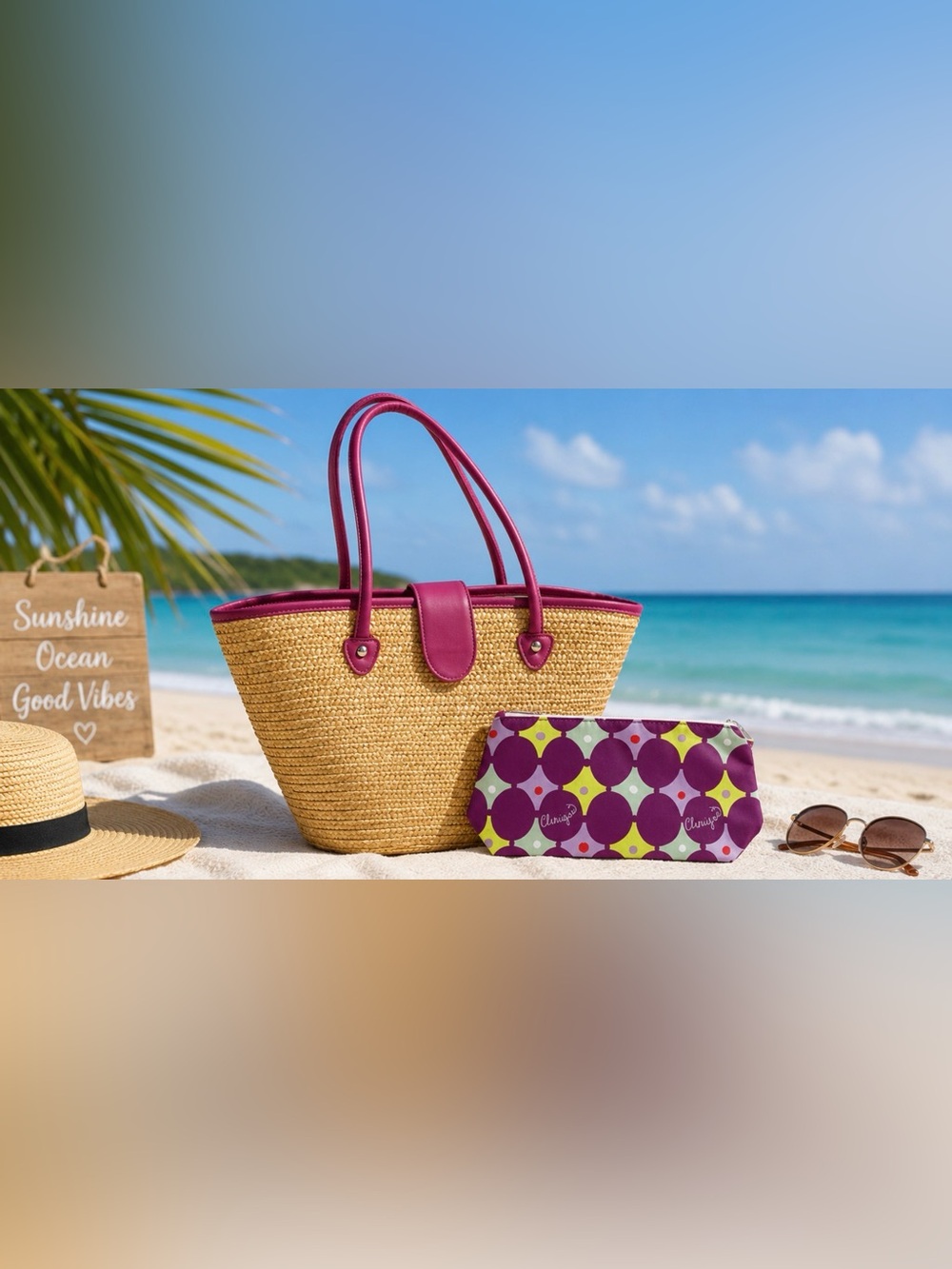 Straw Tote Bag Magenta/Purple Trim with Clinique Cosmetic Pouch Beach Travel